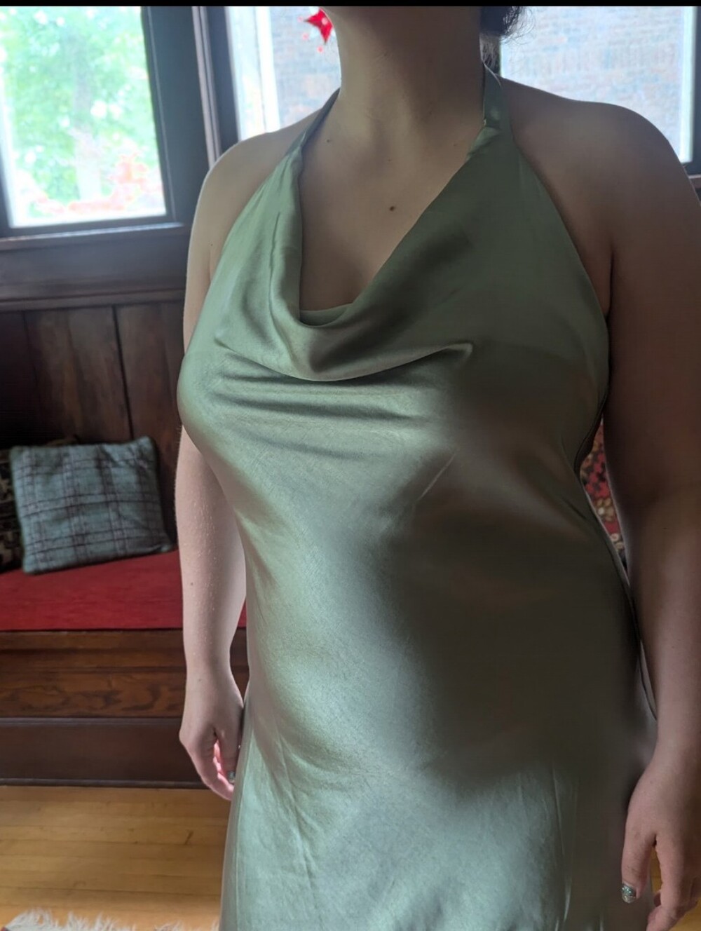 Satin Halter Cowl Neck Slip Dress - Light Green Altar'd State